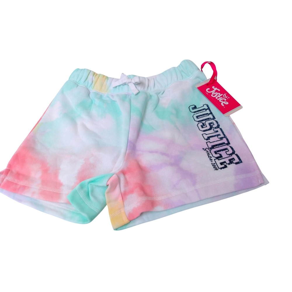 Justice Girls Tie Dye Fleece Shorts Pastel Glitter Logo NWT Size 10 / #26585